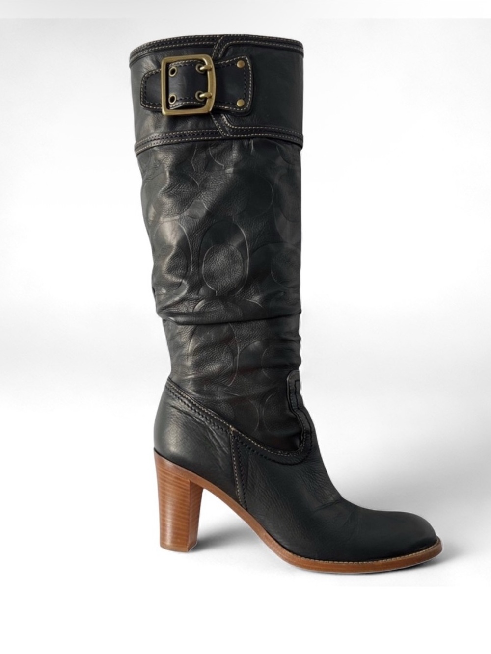 Coach Woman’s Tall Knee High Merridth Black Monogram Logo Leather Boots Size 8